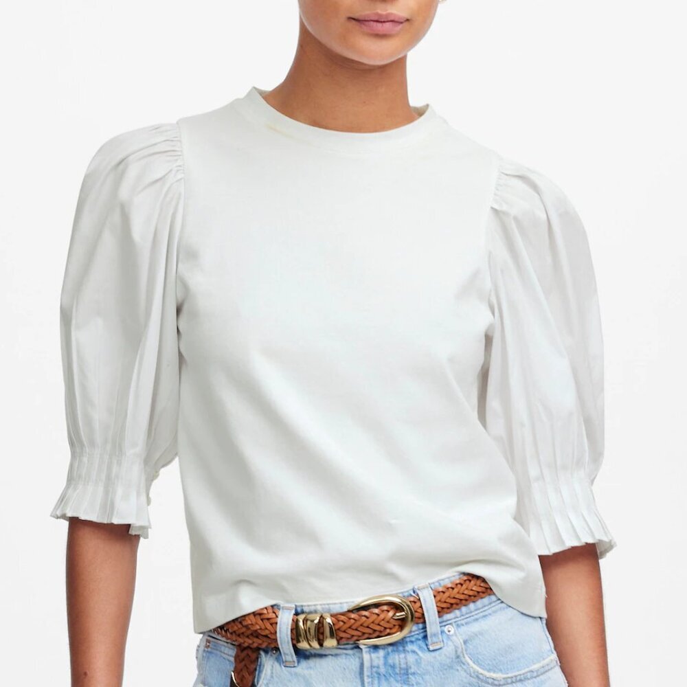 Madewell Puff-Sleeve Pleated Detail Knit Top White Size XS NWT